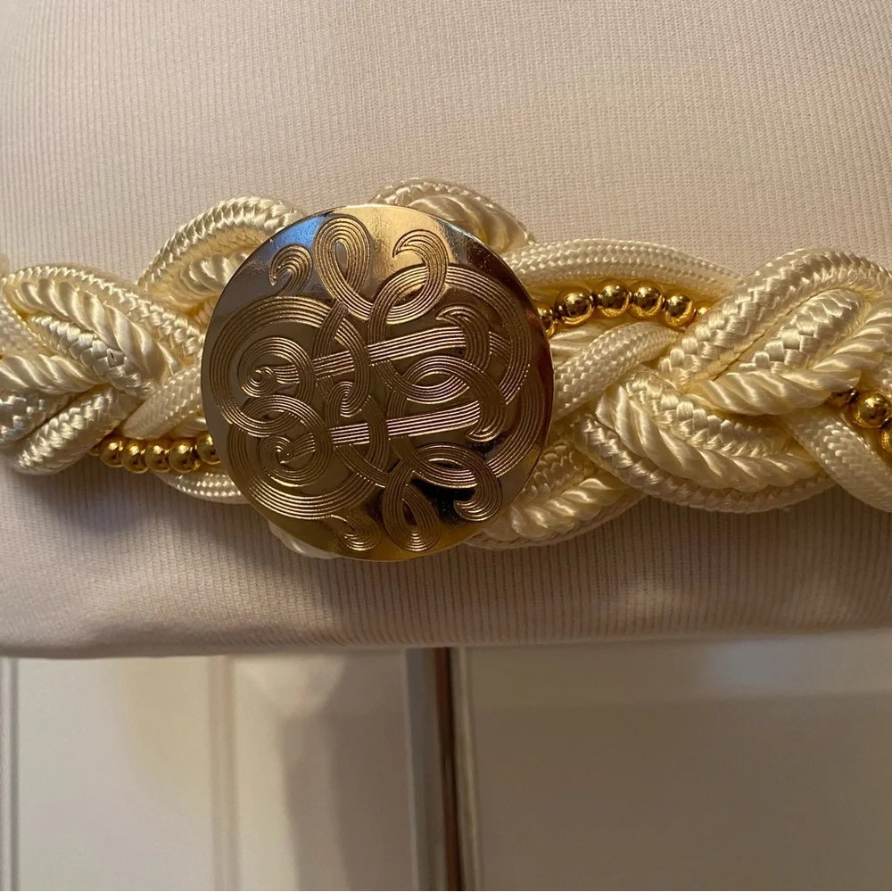 VINTAGE BELT CREAM CORD BRAIDED GOLD TONE BEADS MEDALLION 45.5”